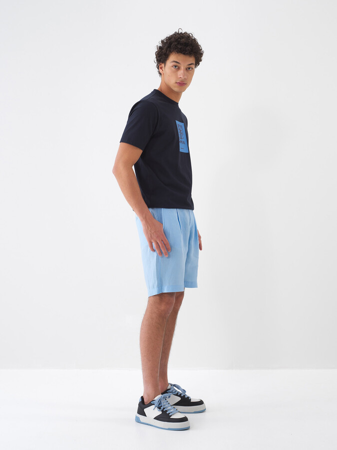Mavi %100 Keten Regular Fit Şort - 3