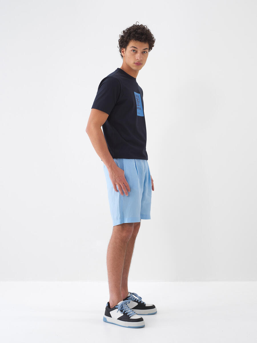 Mavi %100 Keten Regular Fit Şort - 3