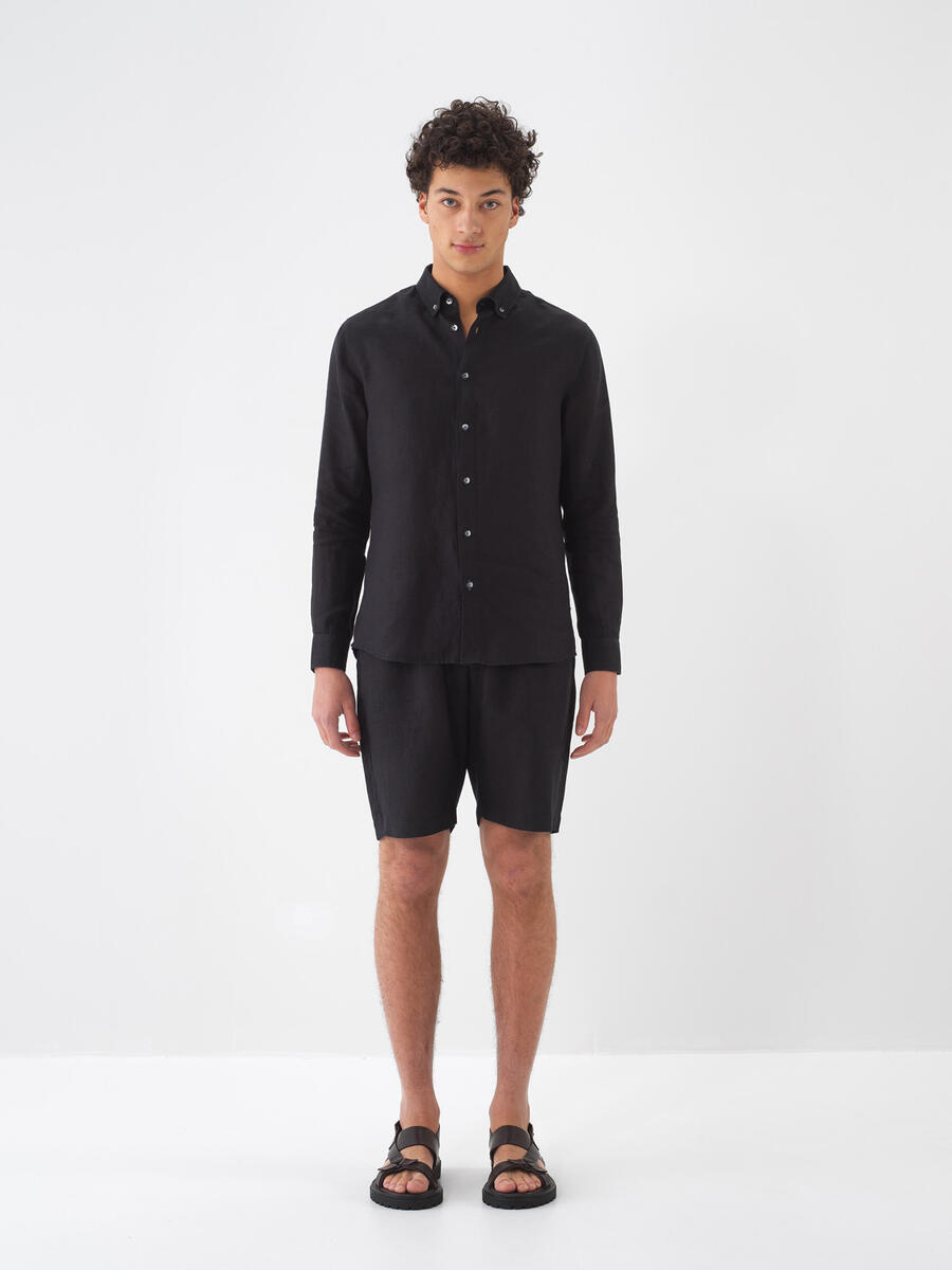 Siyah %100 Keten Regular Fit Şort - 2
