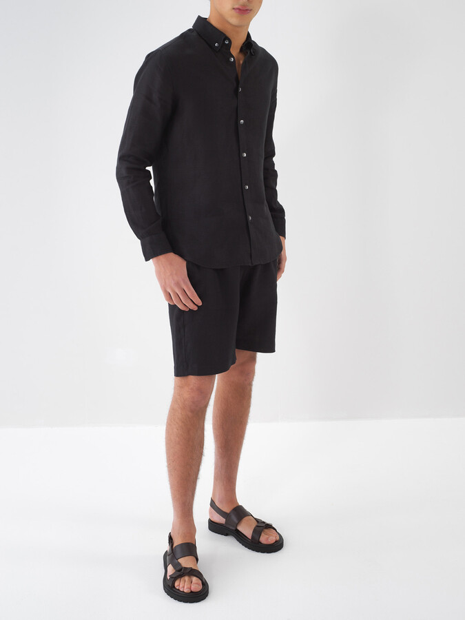 Siyah %100 Keten Regular Fit Şort
