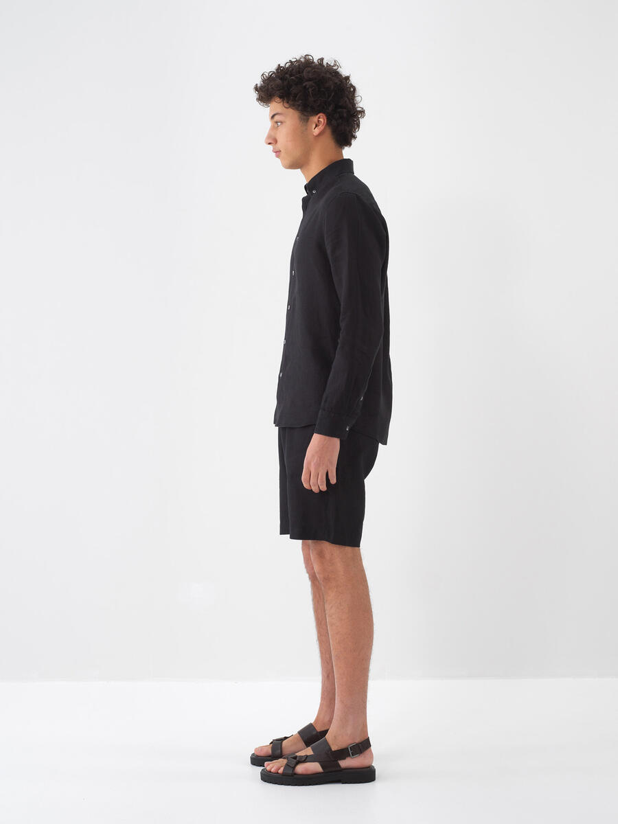 Siyah %100 Keten Regular Fit Şort - 4