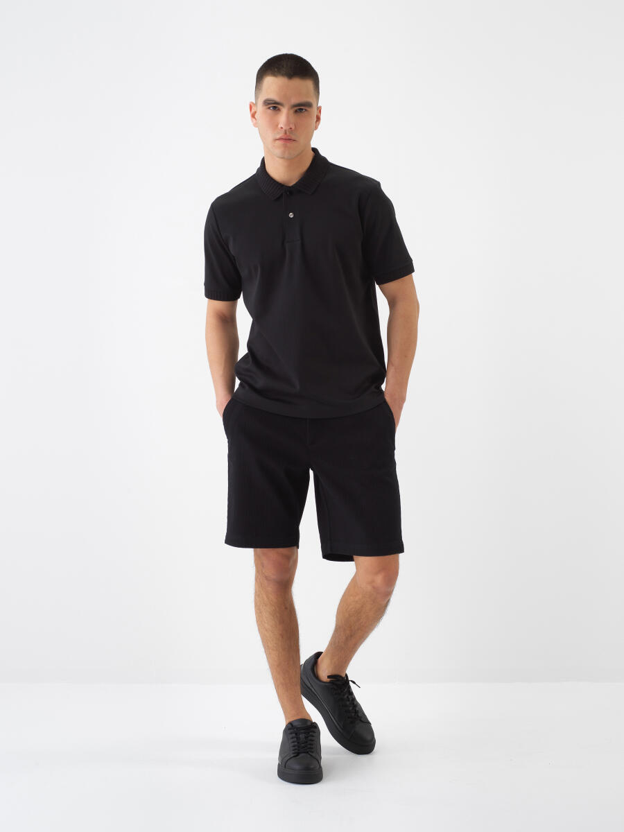 Siyah Pamuk Dokulu Slim Fit Şort - 2