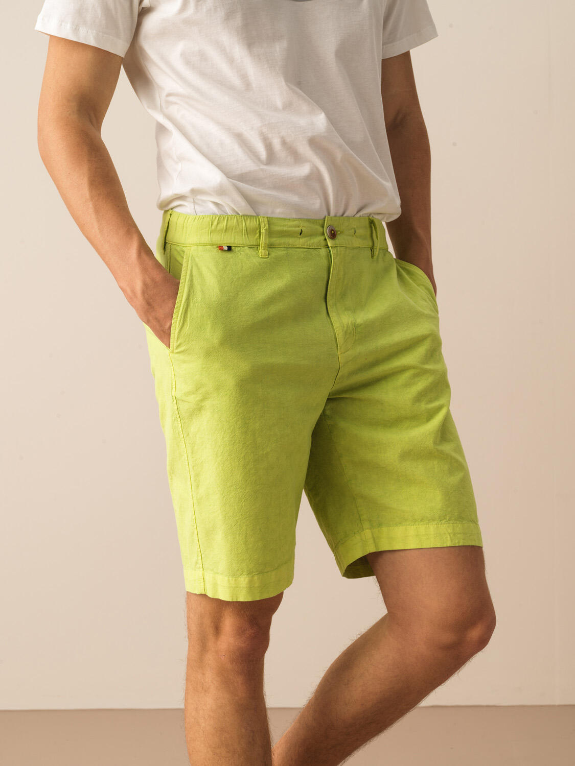 Yeşil Keten Karışımlı Regular Fit Şort