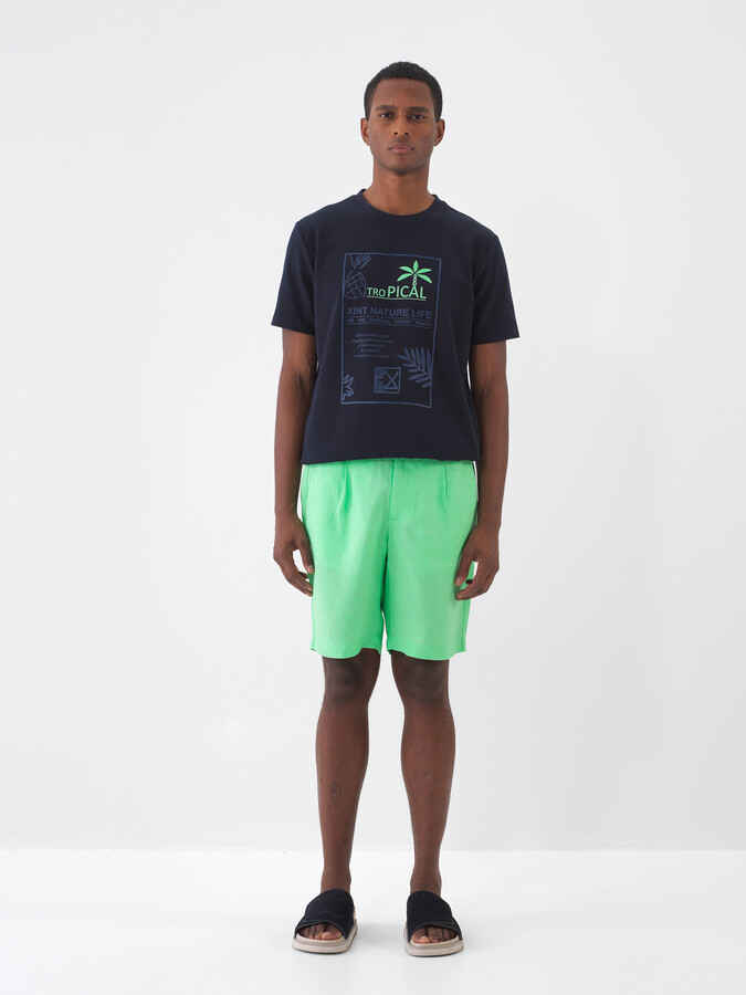 Yeşil %100 Keten Regular Fit Şort (1)