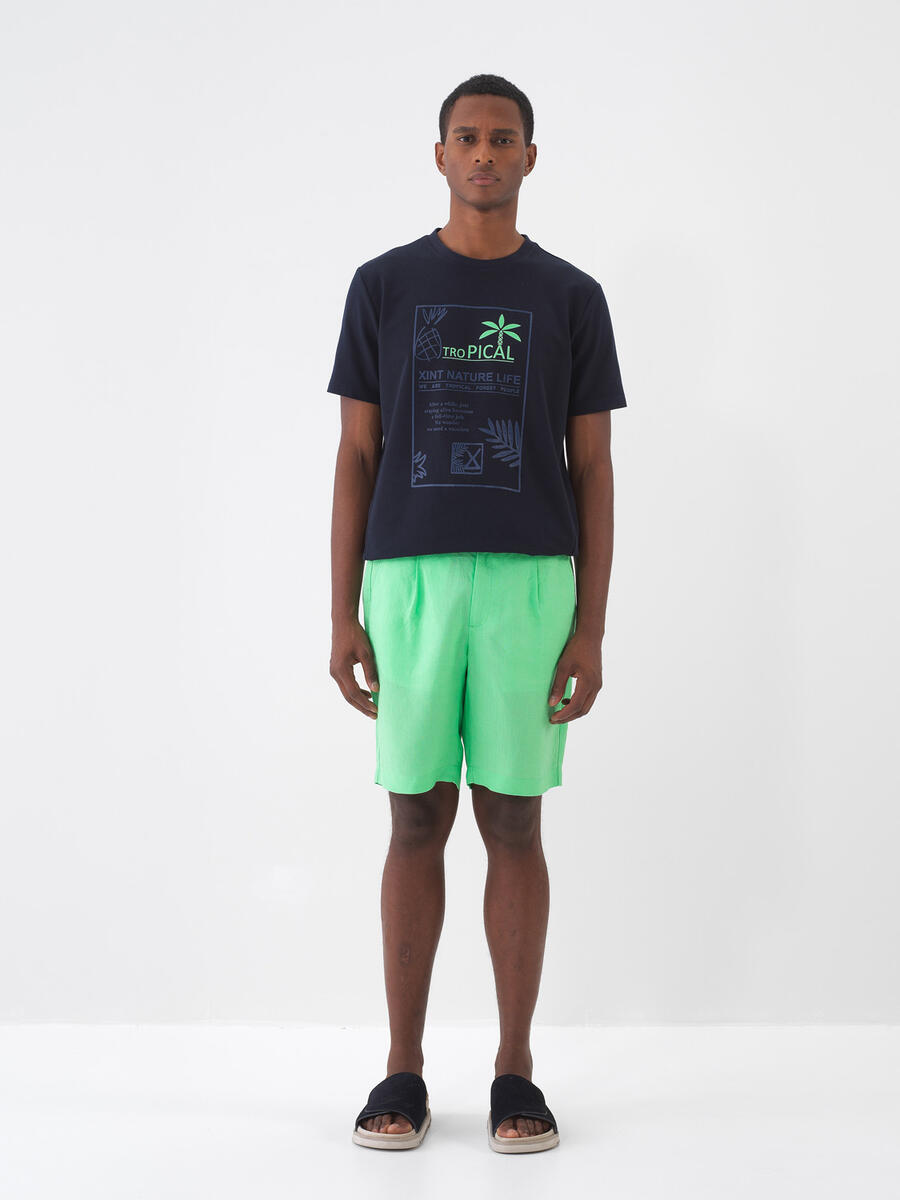 Yeşil %100 Keten Regular Fit Şort - 2