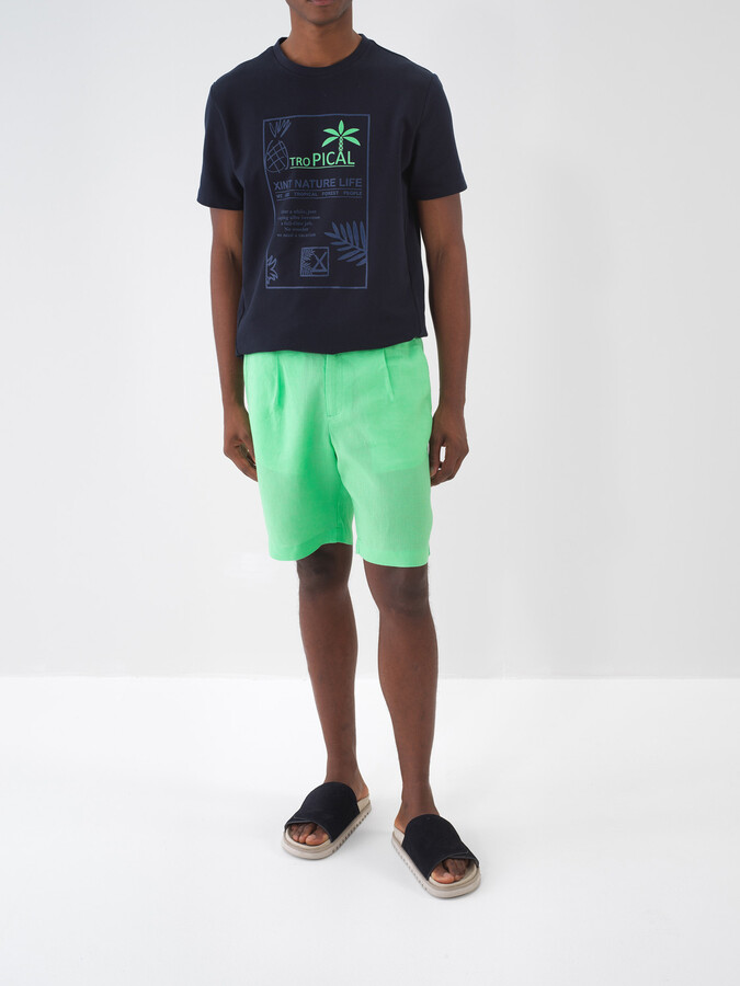 Yeşil %100 Keten Regular Fit Şort