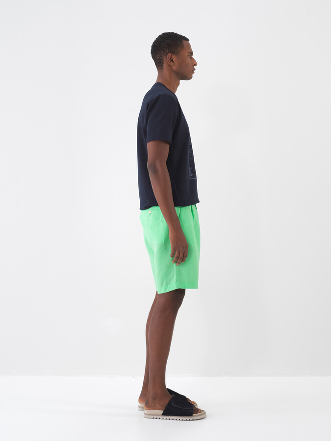 Yeşil %100 Keten Regular Fit Şort - 3