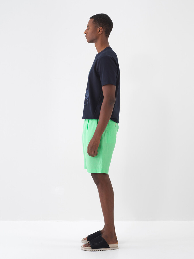 Yeşil %100 Keten Regular Fit Şort - 4