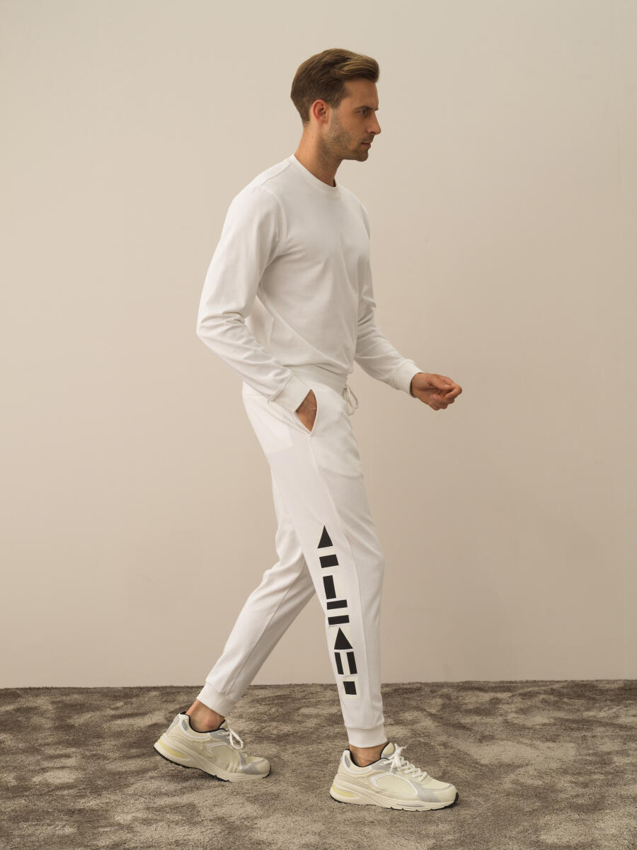 Kırık Beyaz Pamuk Dokulu Regular Fit Sweat Pantolon - 3