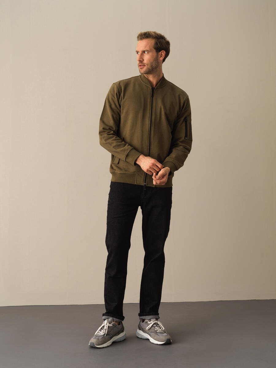 Haki Regular Fit Bomber Yaka Pamuk Sweat Mont - 2