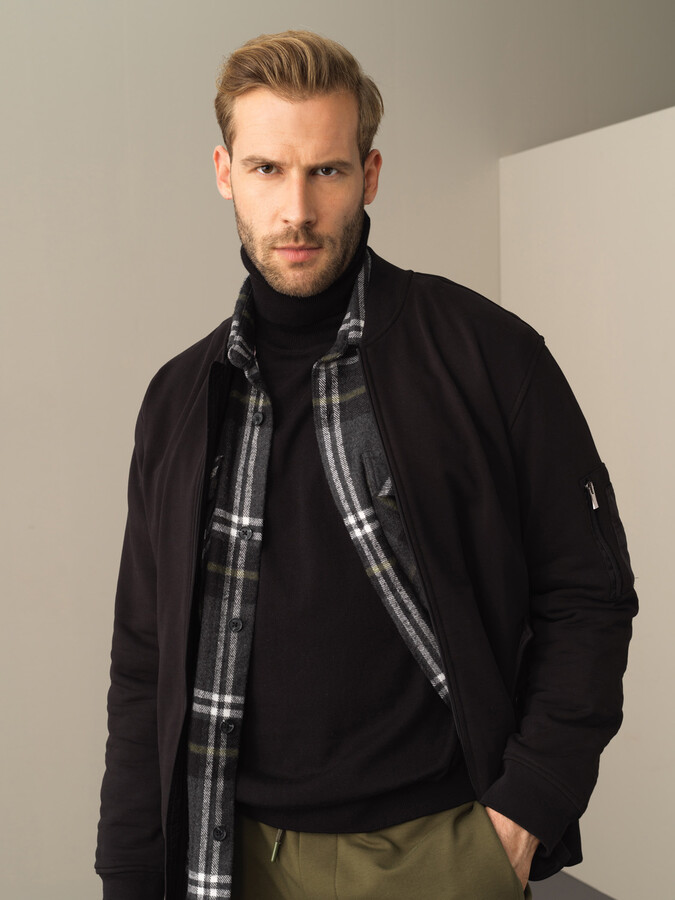 Siyah Regular Fit Bomber Yaka Pamuk Sweat Mont - 1