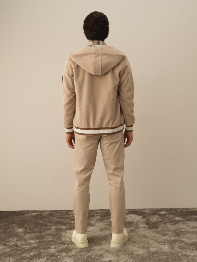Bej Regular Fit Kapüşonlu Pamuklu Polar Sweat Mont - 4