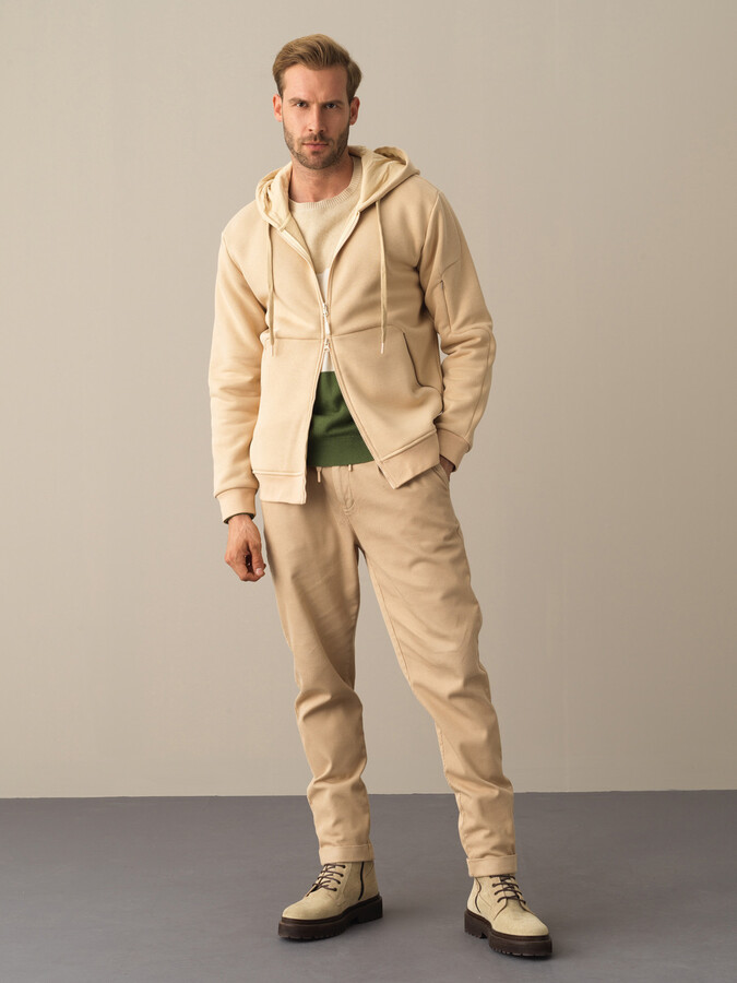 Bej Regular Fit Kapüşonlu Pamuklu Sweat Mont - 2