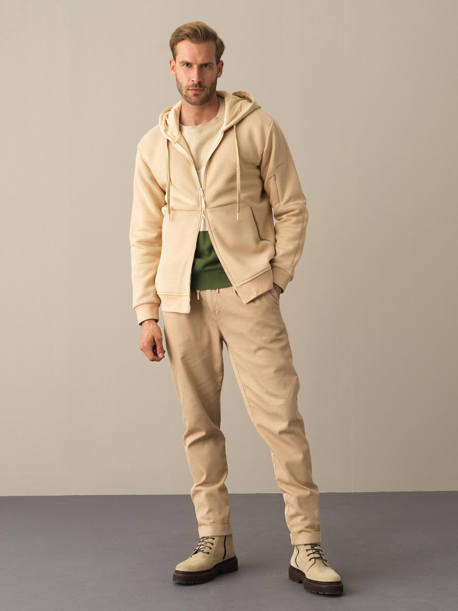 Bej Regular Fit Kapüşonlu Pamuklu Sweat Mont - 2
