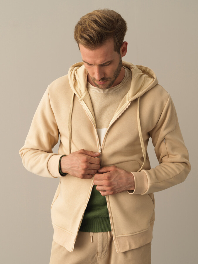 Bej Regular Fit Kapüşonlu Pamuklu Sweat Mont - 1