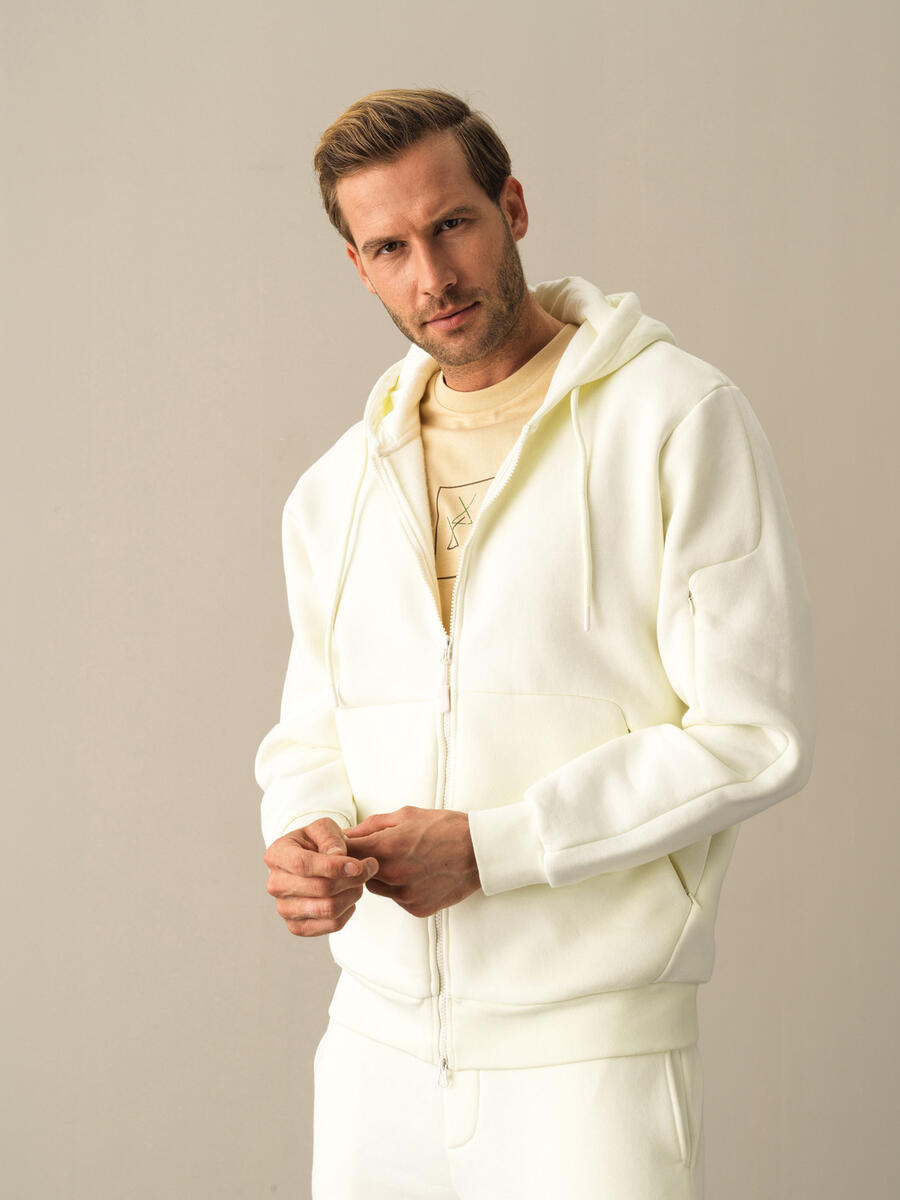 Ekru Regular Fit Kapüşonlu Pamuklu Sweat Mont - 1