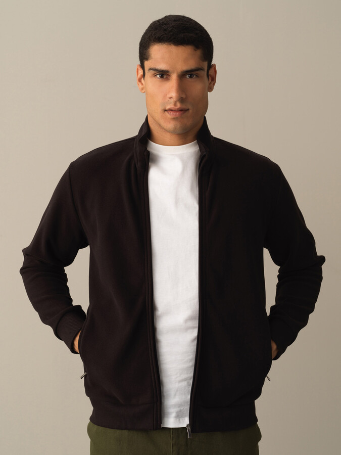 Siyah Regular Fit Dik Yaka Sweat Mont - 1