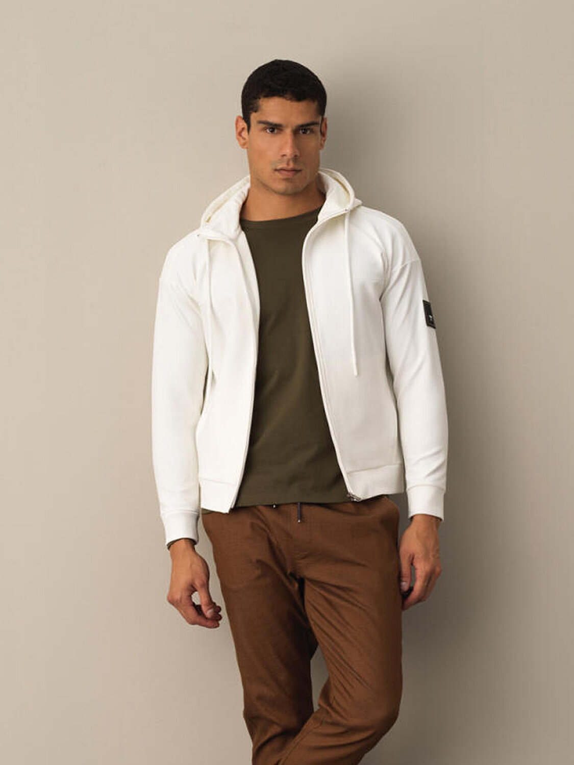 Ekru Slim Fit Kapüşonlu Pamuklu Sweat Mont - 1