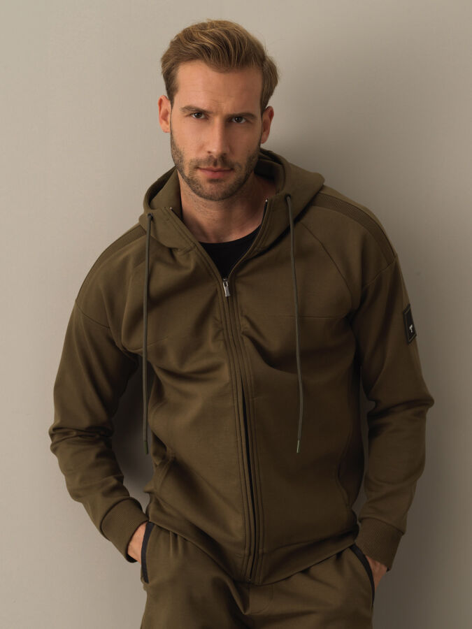 Haki Slim Fit Kapüşonlu Pamuklu Sweat Mont - 1