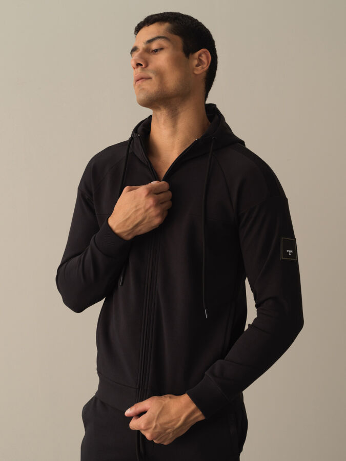 Siyah Slim Fit Kapüşonlu Pamuklu Sweat Mont - 1