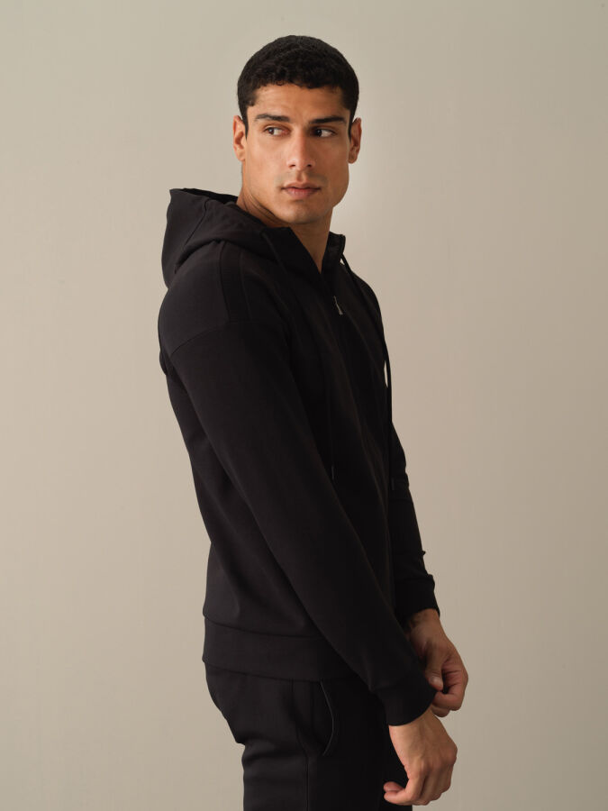 Siyah Slim Fit Kapüşonlu Pamuklu Sweat Mont - 2