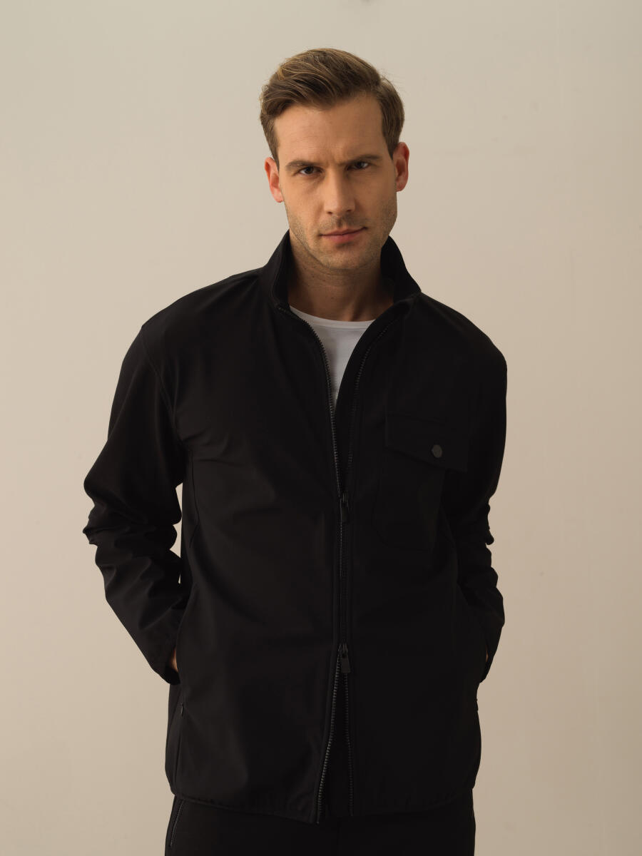 Siyah Regular Fit Dik Yaka Pamuklu Sweat Mont - 1