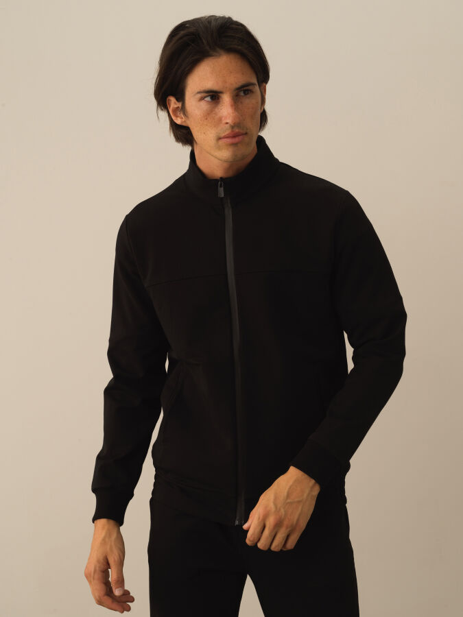 Siyah Slim Fit Dik Yaka Pamuklu Sweat Mont - 1