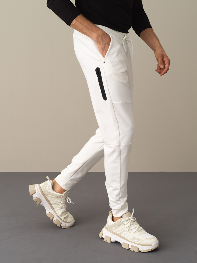 Beyaz Pamuk Dokulu Slim Fit Sweat Pantolon - Xint
