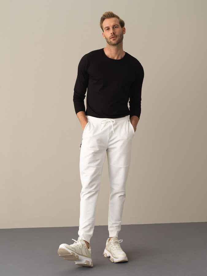 Beyaz Pamuk Dokulu Slim Fit Sweat Pantolon - Xint