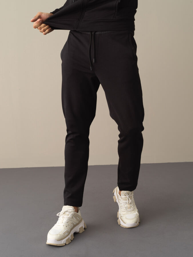 Siyah Pamuk Dokulu Pamuklu Sweat Pantolon - Xint