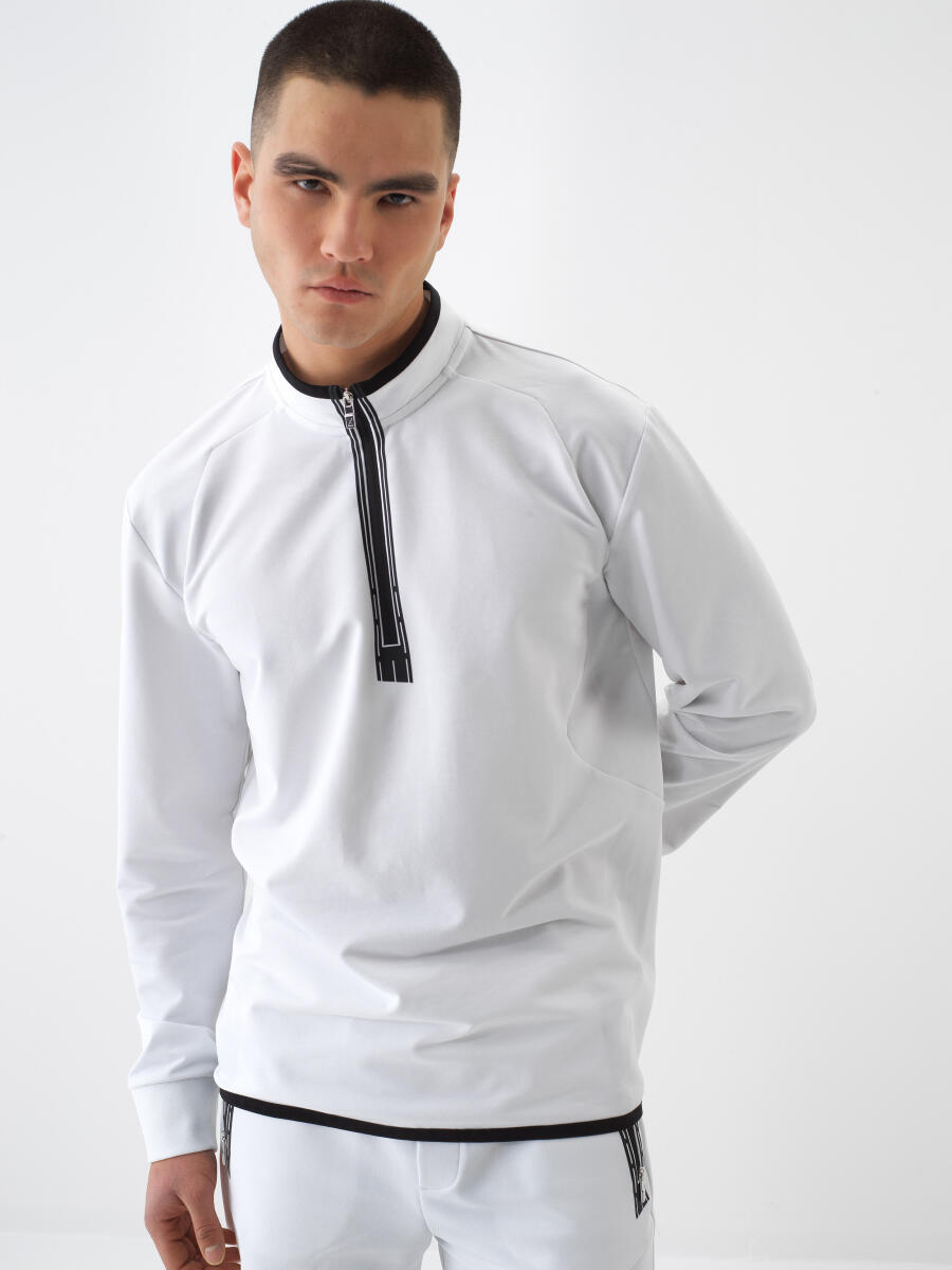 Beyaz Pamuk Dokulu Slim Fit Sweatshirt - 1