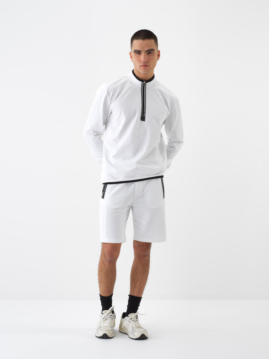 Beyaz Pamuk Dokulu Slim Fit Sweatshirt - 2