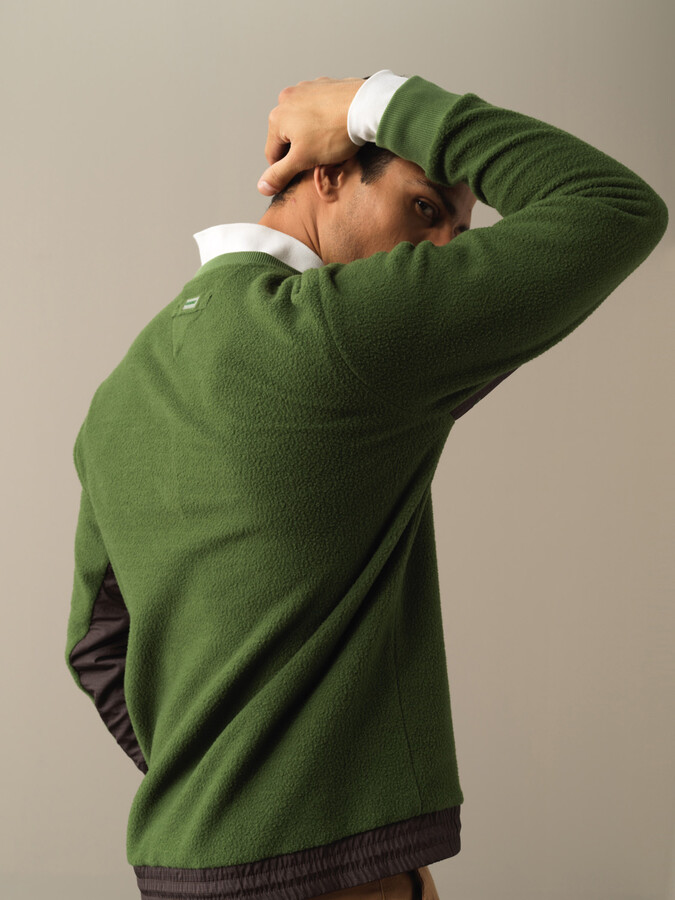 Yeşil Regular Fit Bisiklet Yaka Polar Sweatshirt - 3