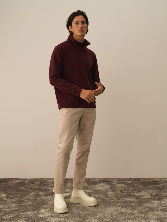 Bordo Pamuk Dokulu Regular Fit Sweatshirt - Xint