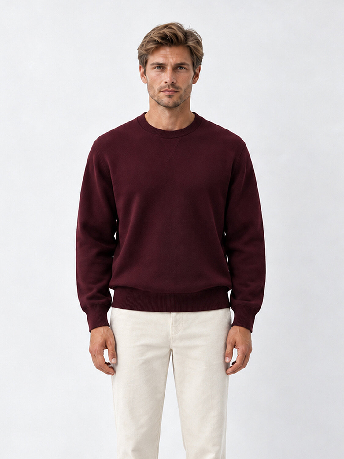 Bordo Regular Fit Bisiklet Yaka Pamuklu Sweatshirt - 1