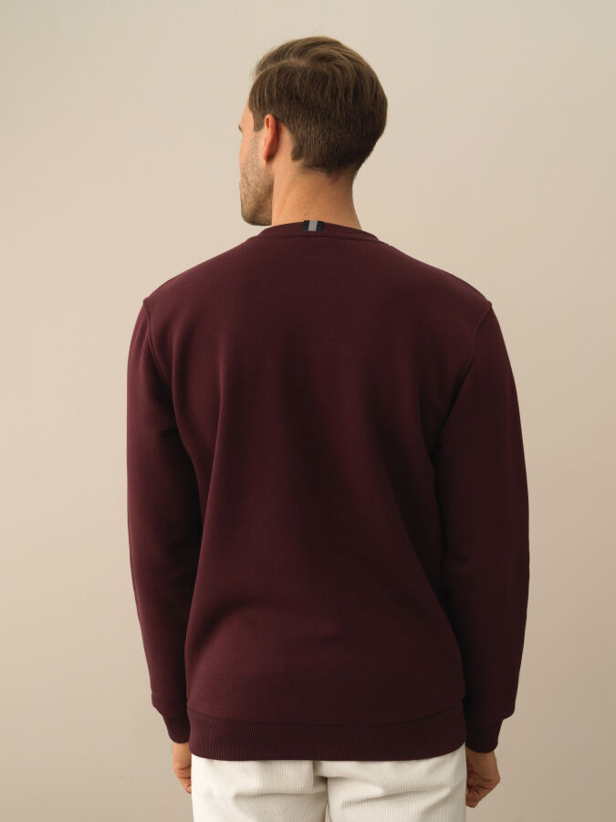 Bordo Regular Fit Bisiklet Yaka Pamuklu Sweatshirt - 3