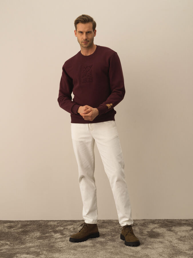 Bordo Regular Fit Bisiklet Yaka Pamuklu Sweatshirt - 2