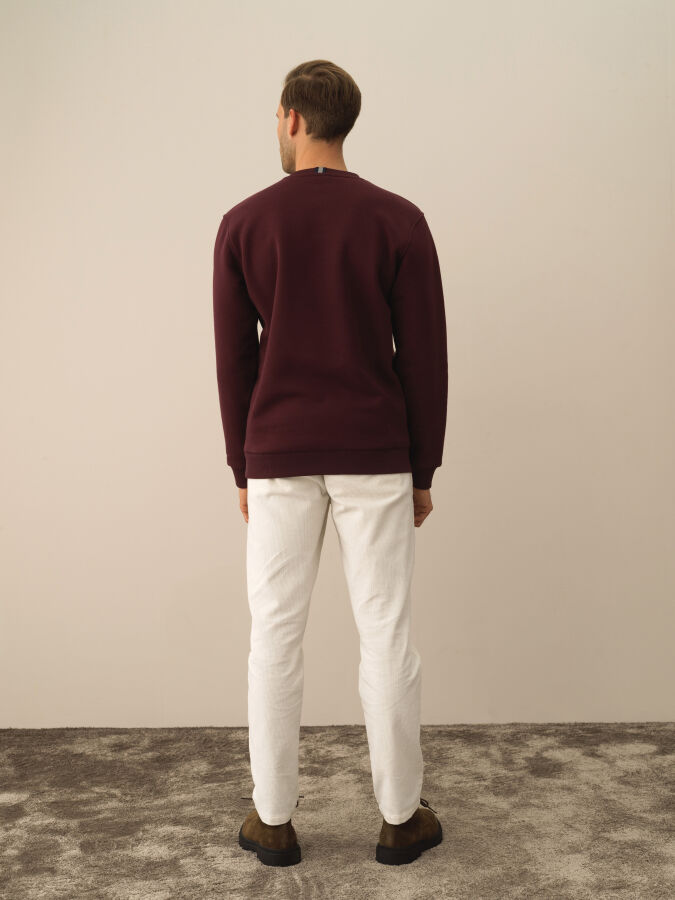 Bordo Regular Fit Bisiklet Yaka Pamuklu Sweatshirt - 4