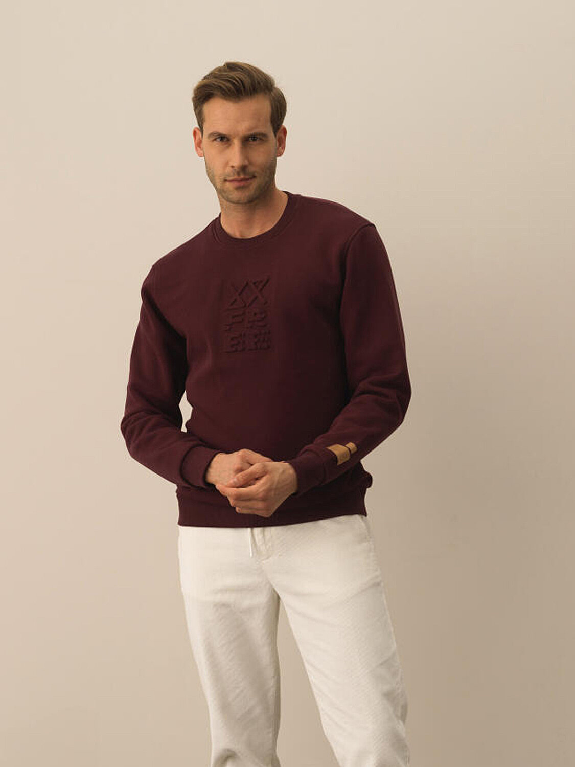 Bordo Regular Fit Bisiklet Yaka Pamuklu Sweatshirt - 1