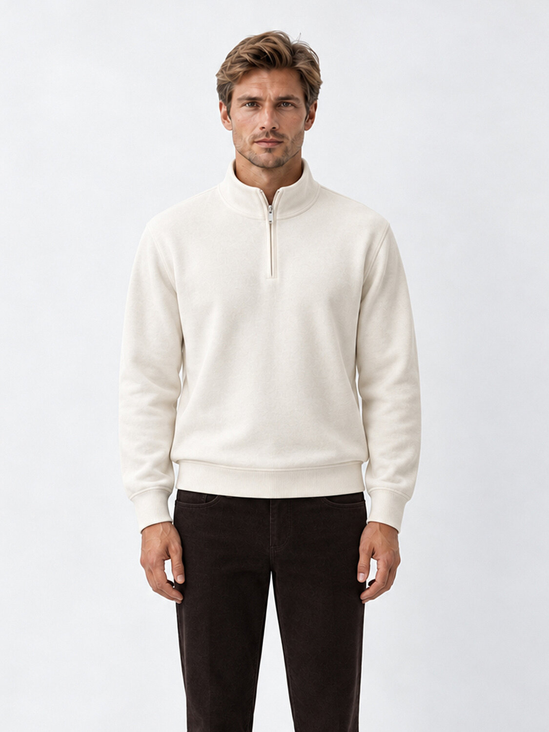 Ekru Regular Fit Dik Yaka Pamuklu Sweatshirt - 3