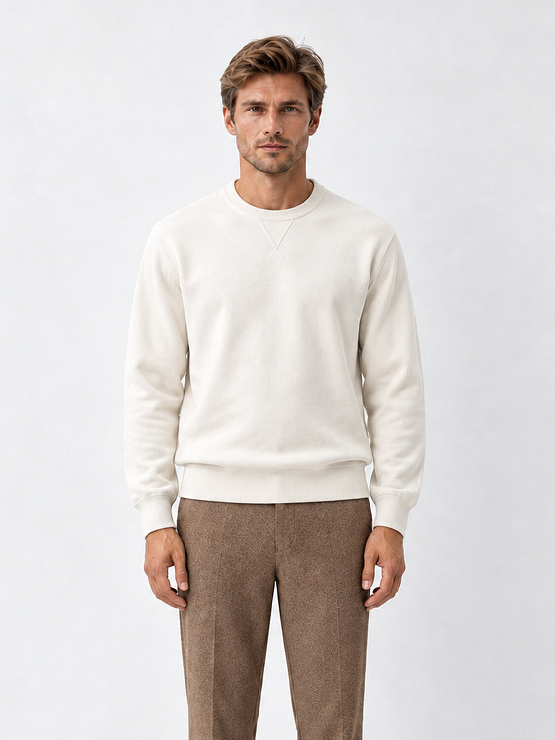 Ekru Regular Fit Bisiklet Yaka Pamuklu Sweatshirt - 1