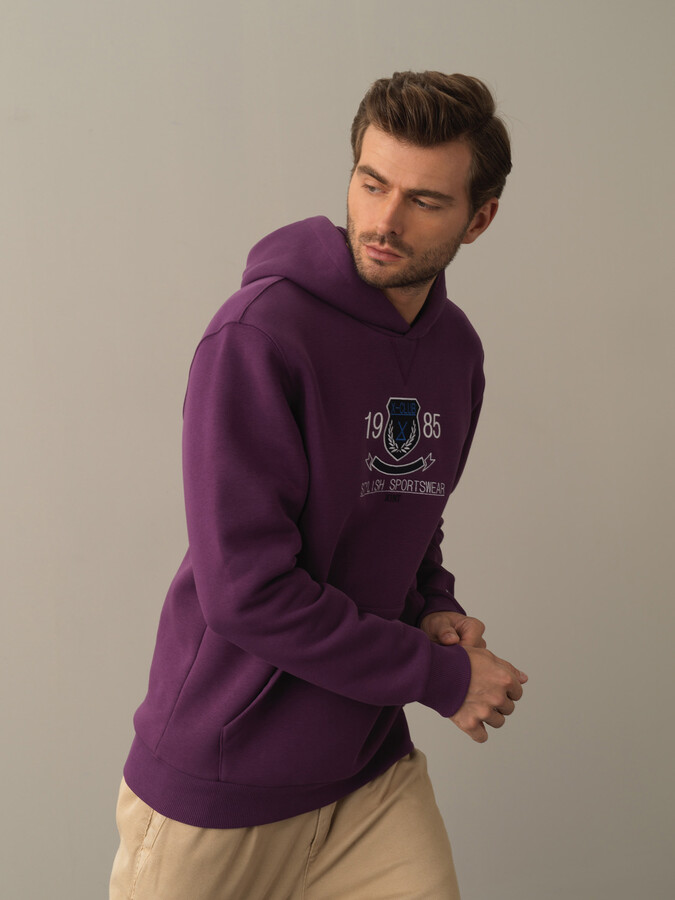 Mor Regular Fit Kapüşonlu Pamuklu Sweatshirt - 1