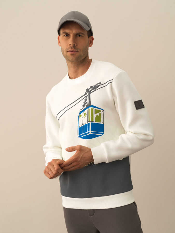 Ekru Regular Fit Bisiklet Yaka Pamuklu Sweatshirt - 1