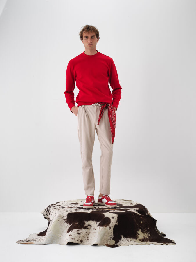 Kırmızı Pamuk Dokulu Regular Fit Sweatshirt - Xint