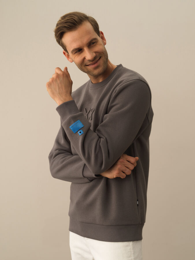 Koyu Gri Dokulu Pamuk Dokulu Regular Fit Sweatshirt - Xint