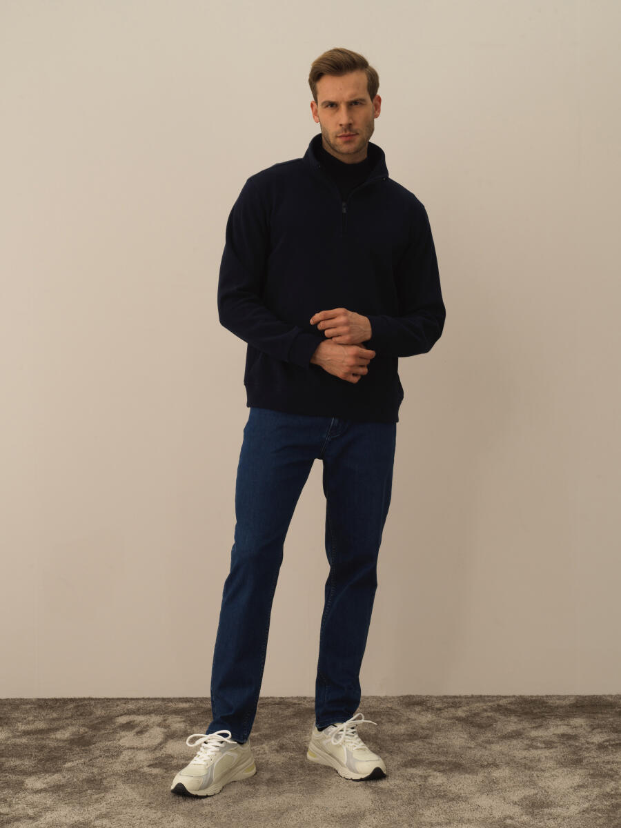 Lacivert Pamuk Dokulu Regular Fit Sweatshirt - 2