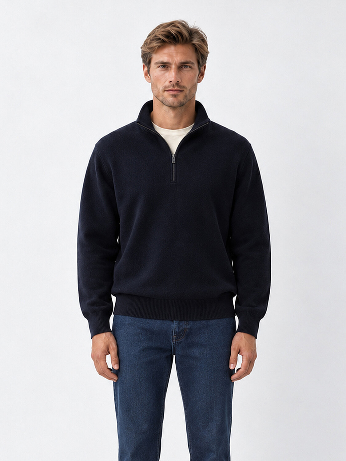 Lacivert Regular Fit Dik Yaka Pamuklu Sweatshirt - 3