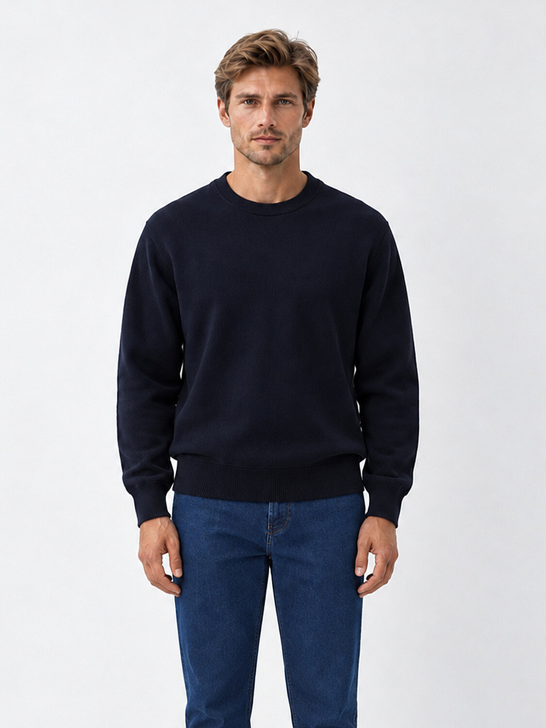 Lacivert Regular Fit Bisiklet Yaka Pamuklu Sweatshirt - 1
