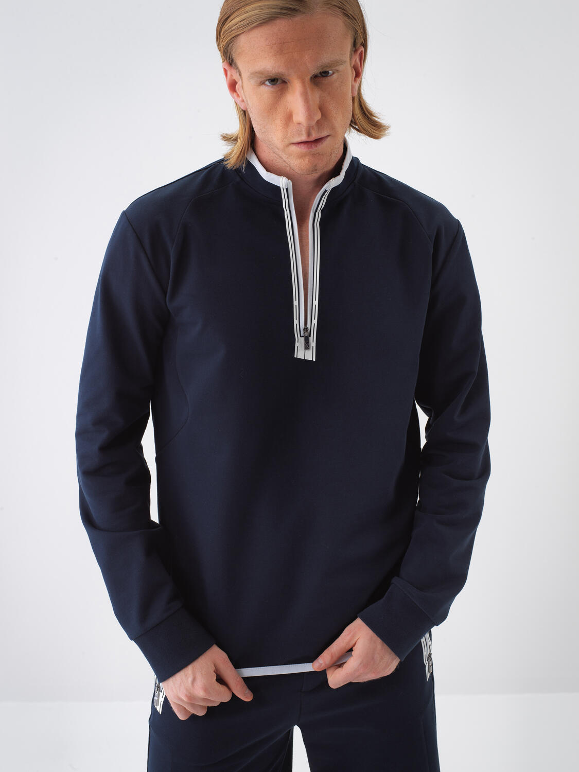 Lacivert Pamuk Dokulu Slim Fit Sweatshirt - 1