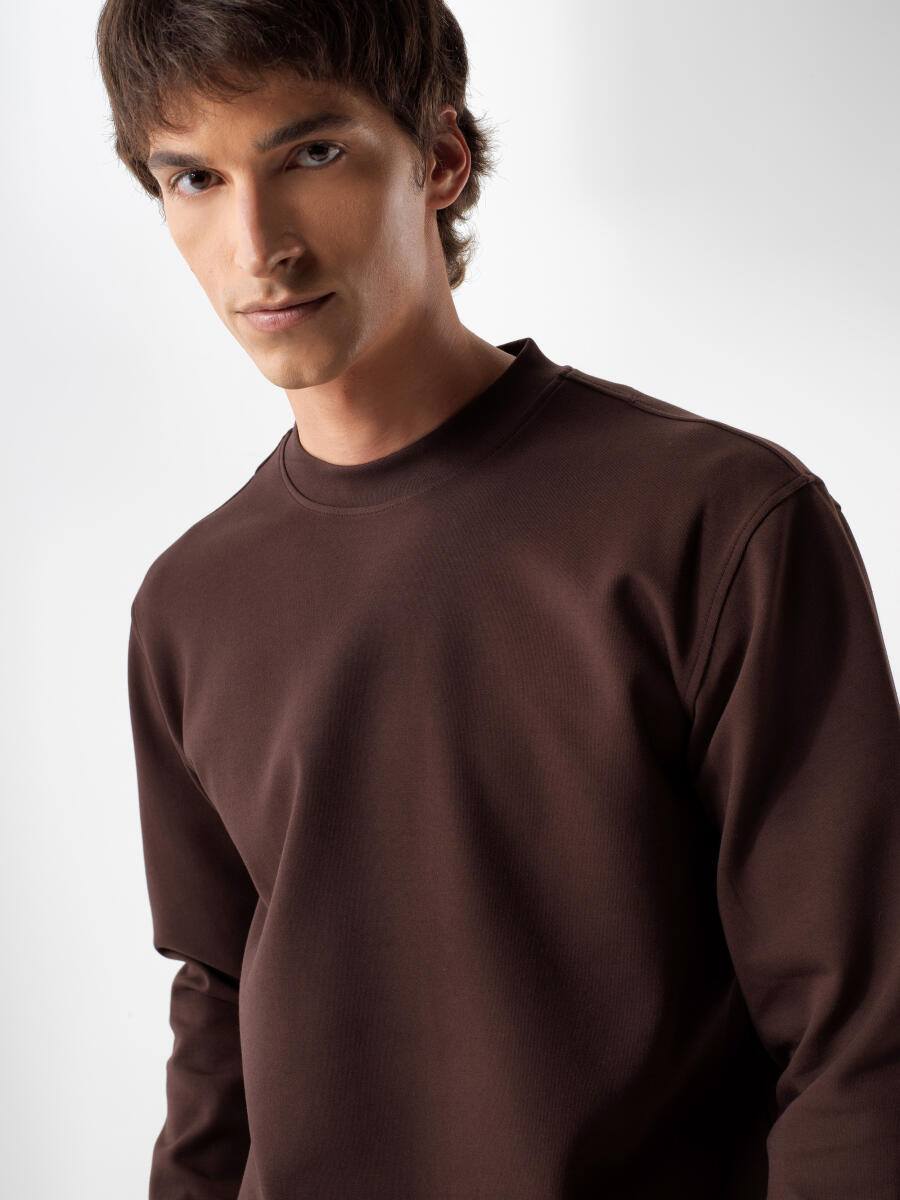 Kahverengi Pamuklu Basic Sweatshirt - 1